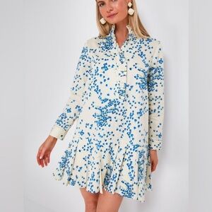 Tuckernuck Tan Tossed Floral Blue and White Tate Dress Size Small